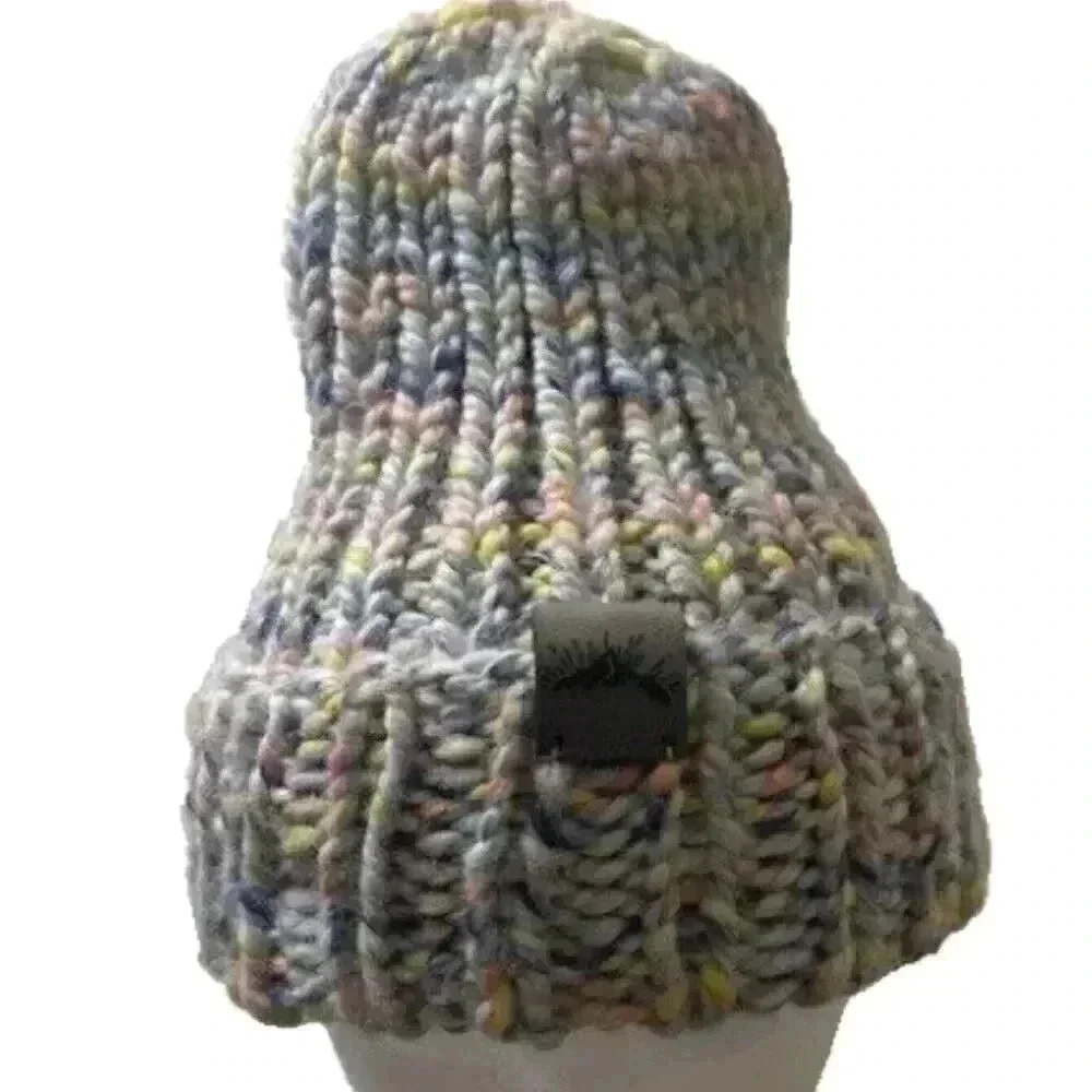 Women's Beanie with Leather Mountain Logo  Colors: Blue, Pink, Yellow, and White